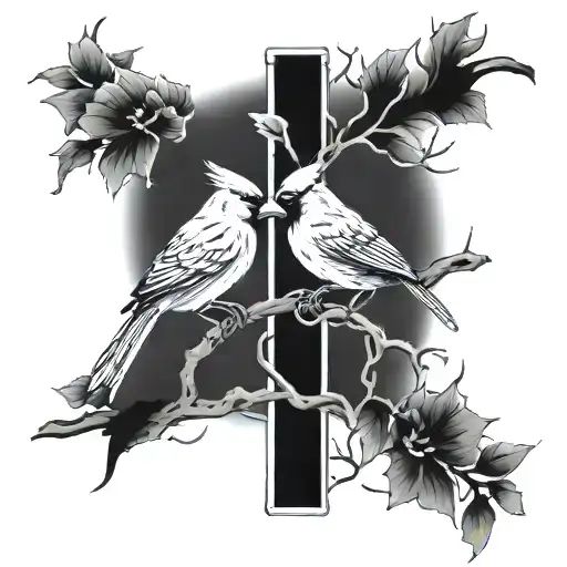 Cardinals Sitting On A Cross Intertwined With Branches