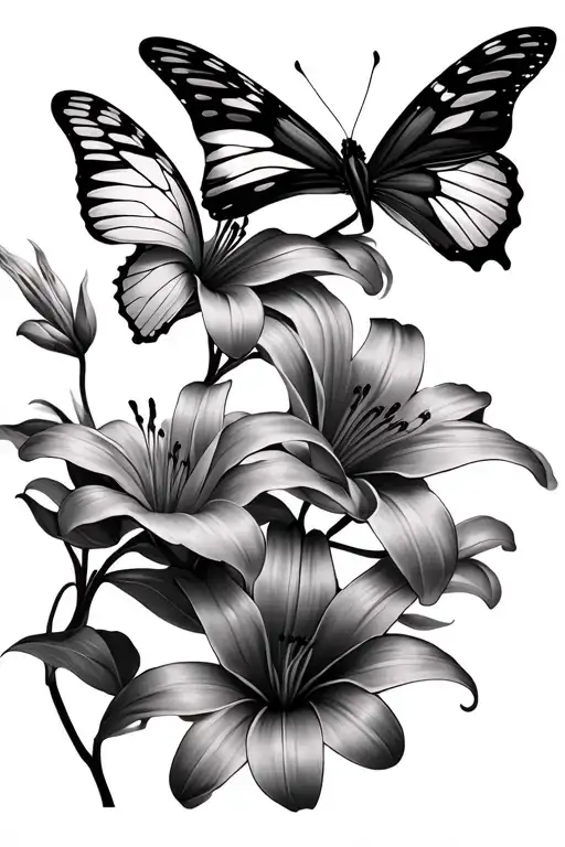 Lillies And Butterflies Flying Together