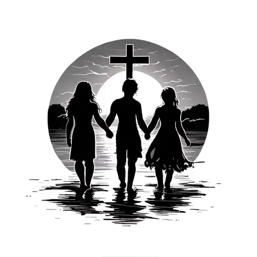 3 Siblings Holding Hands Walking Into A Sunset With A Cross In The Middle