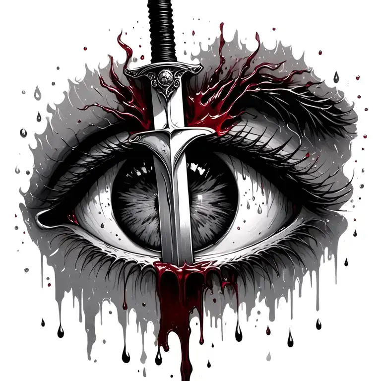 Sword Cutting Through An Eye And The Blood Gushing Into Rain