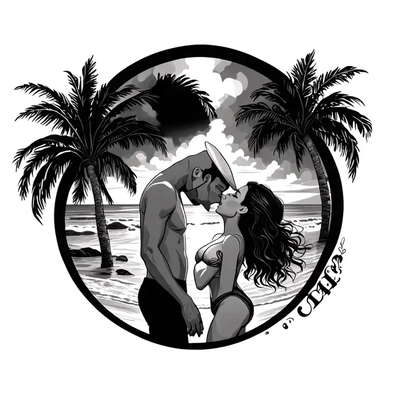 Couple Kissing In A Beach Scene With Palm