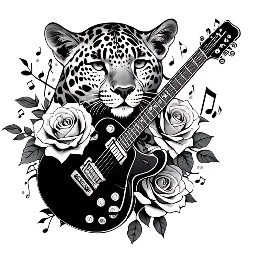 Leopard With A Guitar Intertwined With Roses And Music Notes