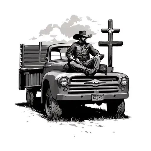 Cowboy Sitting On The Bed Of A Truck Staring At A Cross