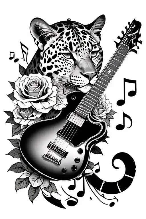 Leopard With A Guitar Intertwined With Roses And Music Notes