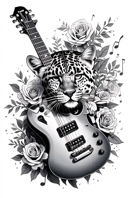 Leopard With A Metal Guitar Intertwined With Roses And Music Notes
