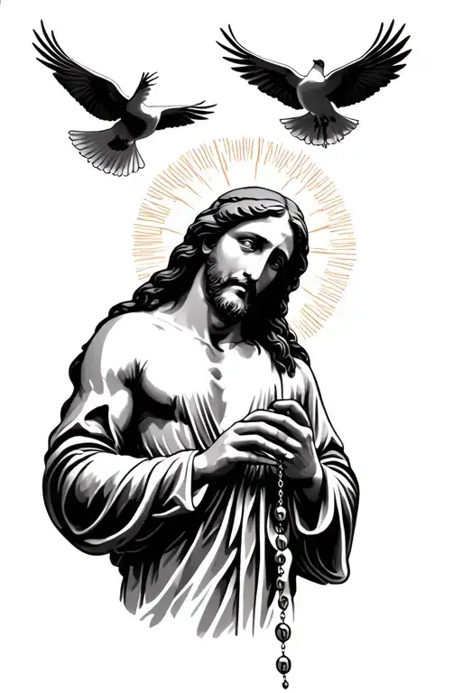 Jesus Holding Rosary With 2 Doves Flying Under