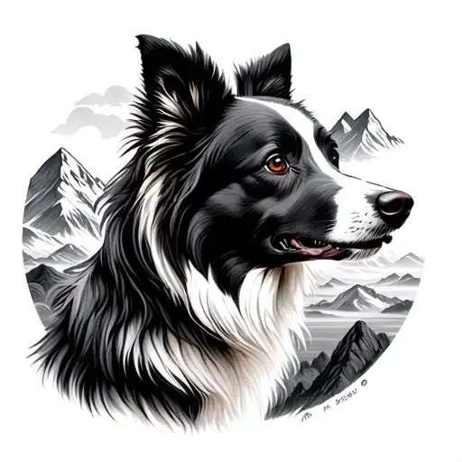 Tri Coloured Border Collie With Mountains Panorama