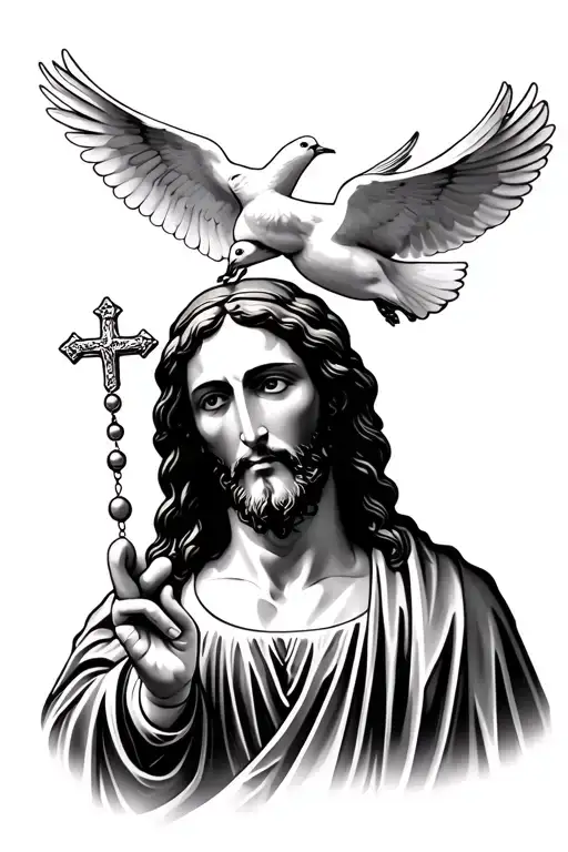 Jesus Face Holding Rosary With 2 Doves Flying Under