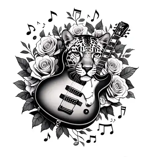 A Leopard Intertwined With A Guitar Surrounded With Roses And Music Notes