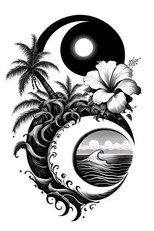 Sun And Moon And Banyan Tree And Hibiscus Flower With Ocean Waves
