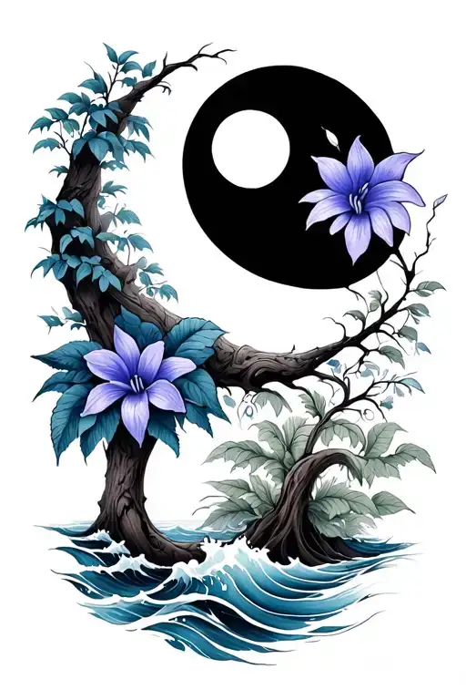 Sun And Moon And Banyan Tree And Violet Flower And Snowdrop Flower With Ocean Waves Blue