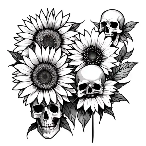 Line Work Spine Tattoo With Aster And Sunflower And A Few Skulls