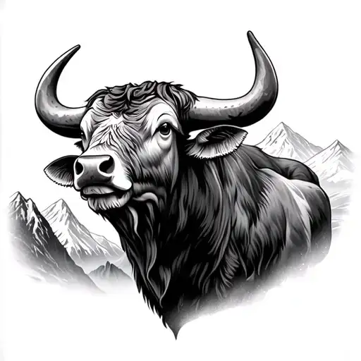 The Head Of The Bull Is On The Background Of The Taiga And Mountains