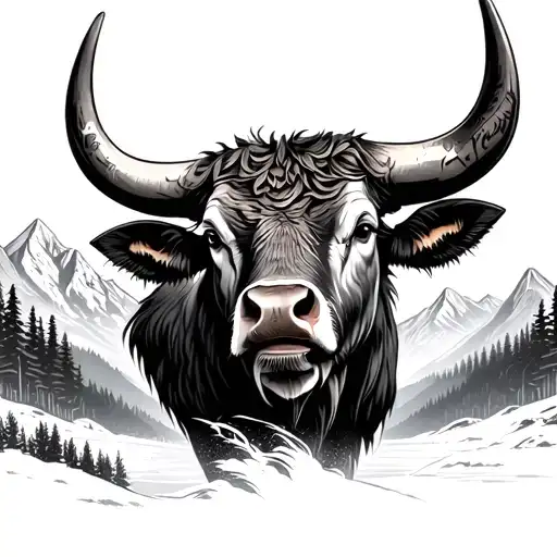 The Head Of The Bull Is On The Background Of The Taiga And Mountains And Rivers