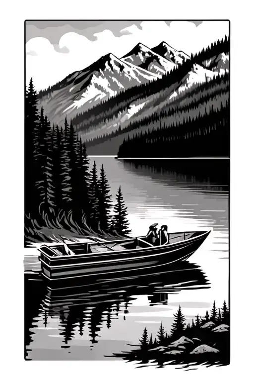 Pontoon Boat In A Lake On The Mountains With Evergreens Surrounding It