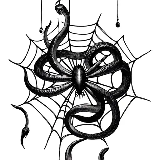 Spider Web With Spider Dangling And Two Snakes Wrapping Up