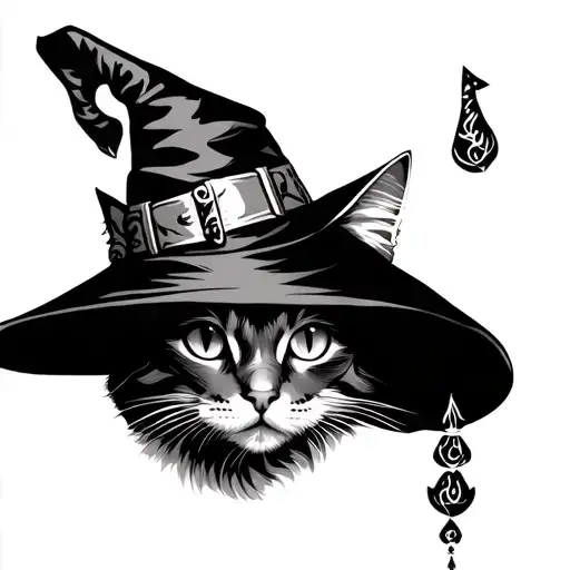 Cat Wearing A Witches Hat Matching Tattoo Design