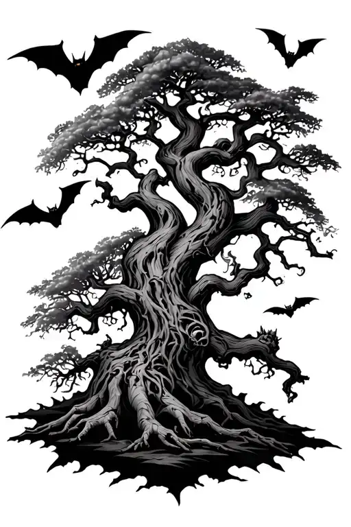 Poison Tree With Bats Flying Across