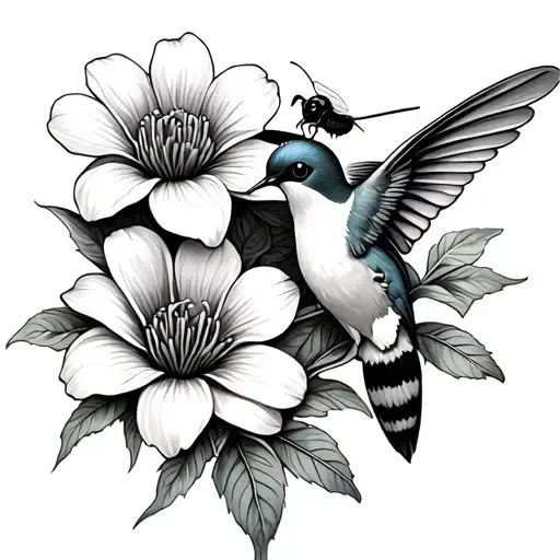 Humming Bird And Bee One Flower Intertwined