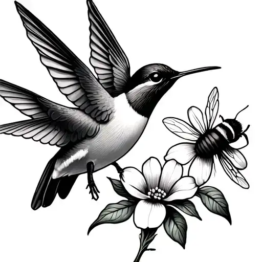 Humming Bird And Bee One Flower Intertwined Simple And Small