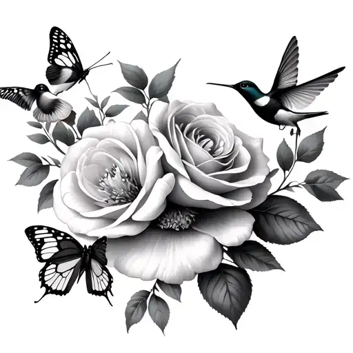 Peach Blossoms With Butterflies And Roses With Hummingbirds