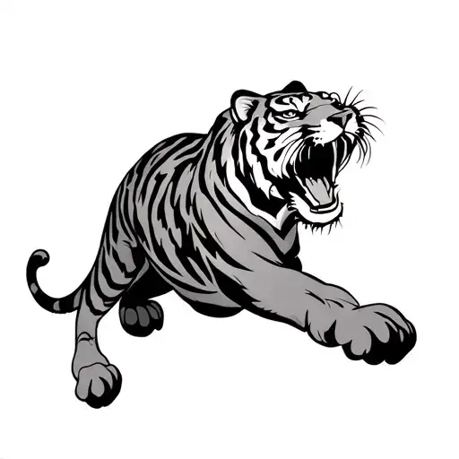 Traditional Japanese Tiger Leaping With Front Legs Stretched Out Side View