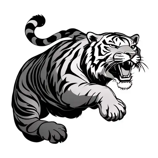 Traditional Japanese Tiger Leaping With Front Legs Stretched Out Side View