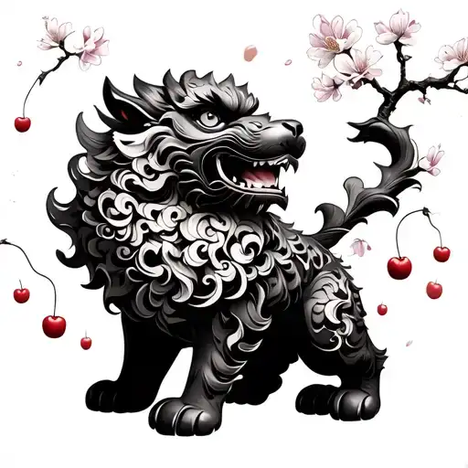 Foo Dog With Cherry Blossoms Falling