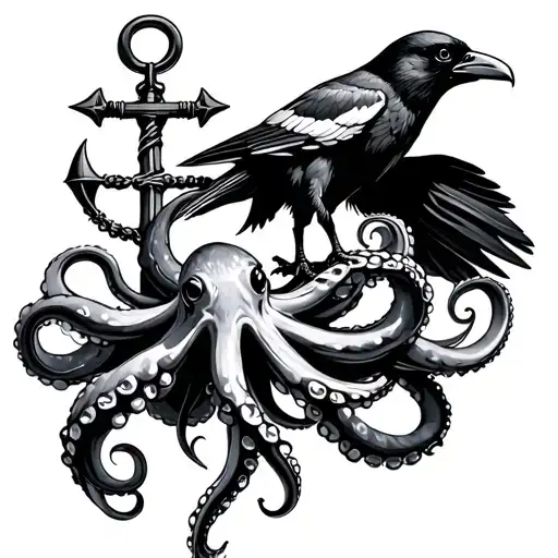 Octopus Holding Anchor And On Top A Raven Is Standing