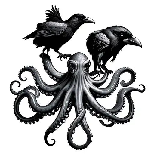 Octopus Holding Anchor And On Top A Raven Is Standing Less Detailed