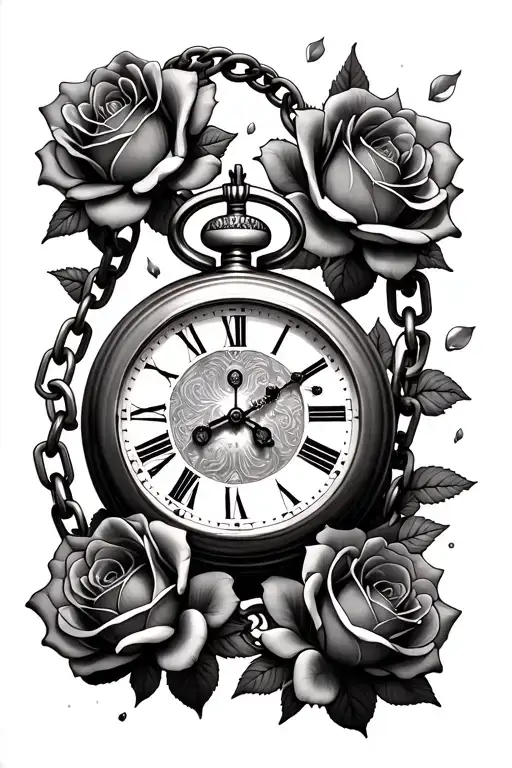 Chained Pocket Watch Surrounded By Roses Falling