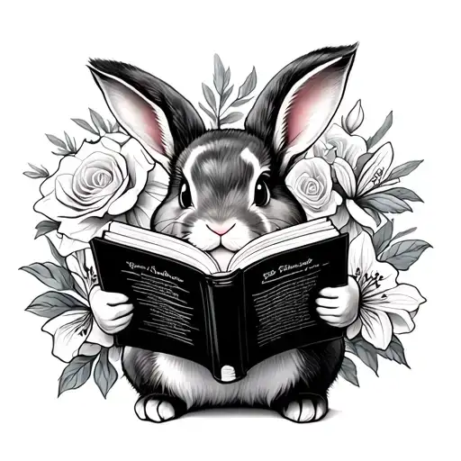 A Bunny Reading A Book In Front Of Flowers Like Roses And Lilies