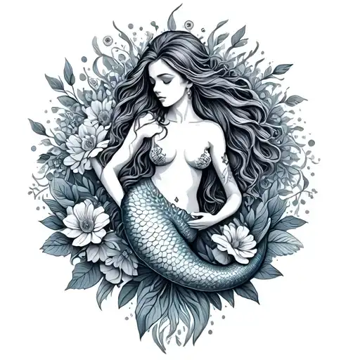 Mermaid Amongst Flowers And Mandala