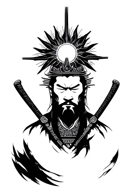 Samurai With Sun On Head Surrounded