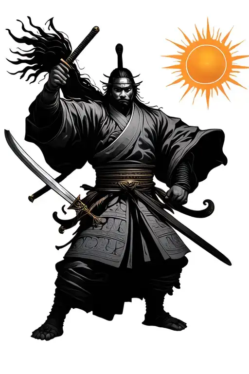 Samurai With Sword Lifted And Sun On Head Surrounded