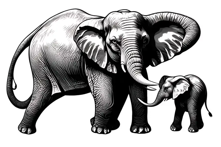 Wild Elephant With Baby Elephant Walking Front View