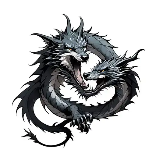 Wolf Fighting Dragon Wrapped Tightly