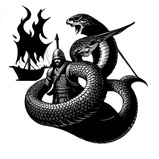 Snake Winding Around A Viking Warrior And A Burning Viking Boat In The Background
