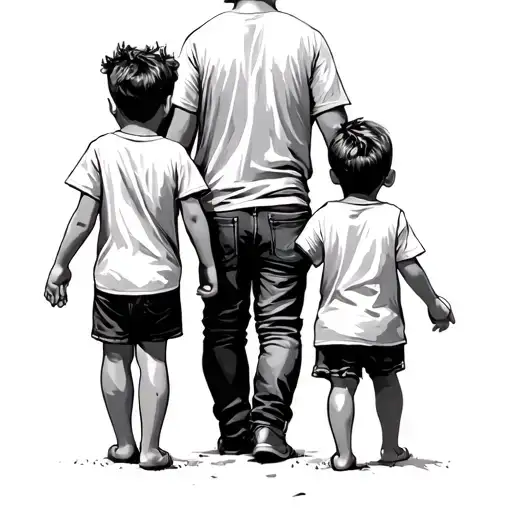 Man Holding Hands Of Two Kids All View From Back