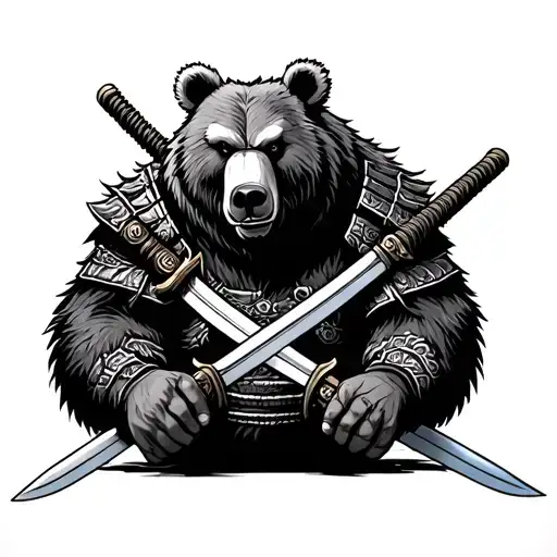 Samurai Bear With Swords In His Hands