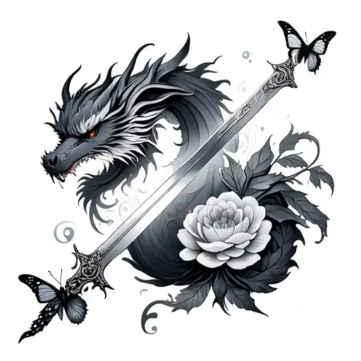 Magical Flowers Butterflies Sword Dragon
