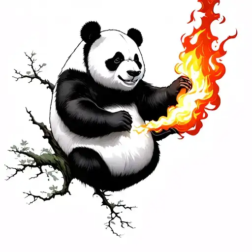 Japanese Style Panda At The Top Of A Tree Breathing Fire