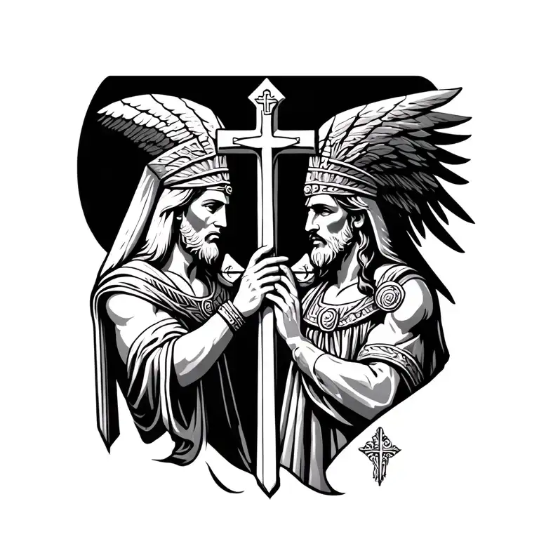 Seth And Horus Holding A Catholic Cross