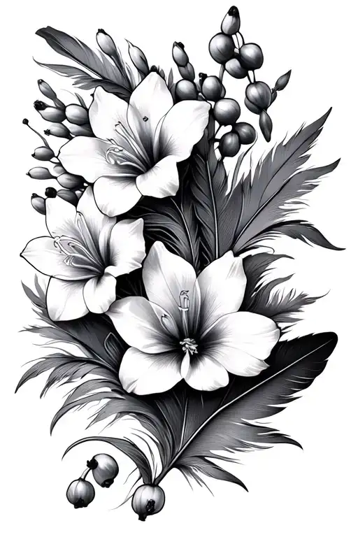 Feather With Gladiolus And Hawthorn Flowers