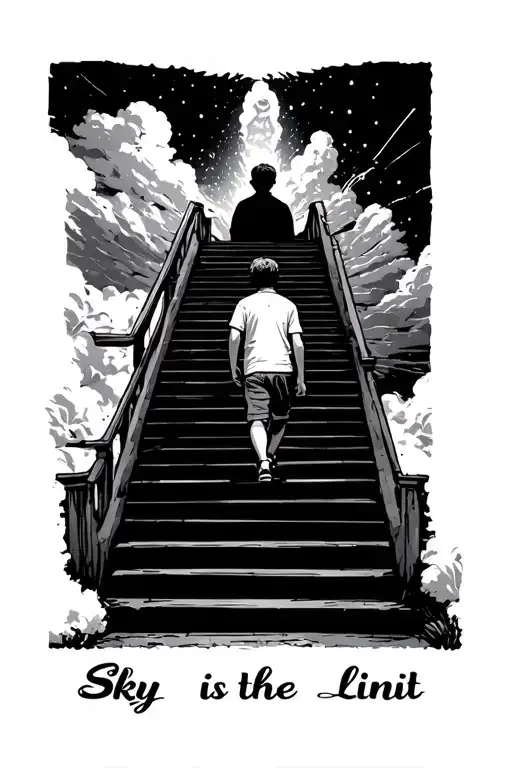 A Boy Walking Up A Stair Way To Heaven With Words Saying Sky Is The Limit