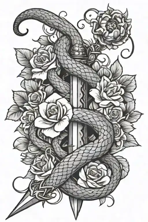 Snake Wrapped Around A Dagger With Flowers Surrounding