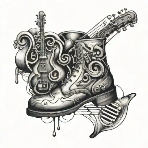 An Abstract Tattoo Combining Shoes And Musical Instruments