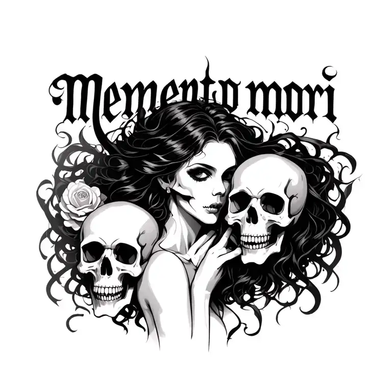 Demonic Woman Beautiful Holding Skulls With Memento Mori Written In Gothic Script Above