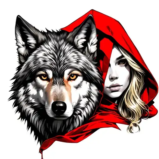 Wolf Face Behind A Sexy Red Riding Hood With Blonde Hair