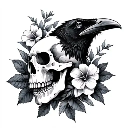 Raven Skull Surrounded By Nightshade Flowers